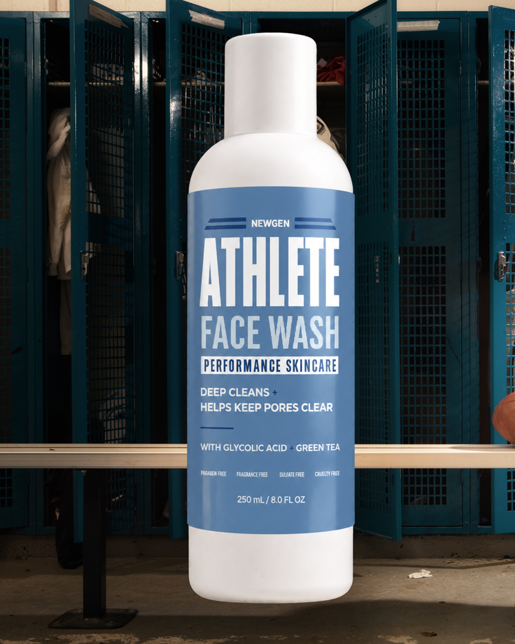 Newgen Athlete Face Wash bottle on a locker room bench